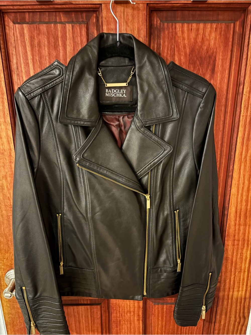 Badgley Mischka Black Leather Asymmetric Moto Jacket with Gold Hardware